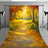 Aperturee - Aperturee Sunlit Autumn Forest Sweep Backdrop Painterly Fall Scene with Yellow Leaves Thanksgiving Photo Floor Drop